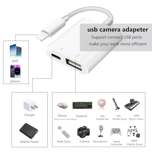 [Apple MFi Certified] Lightning to USB Camera Adapter with Charging Port for iPhone, USB 3.0 Female OTG Cable for iPad to Connect Card Reader USB Flash Drive U Disk Keyboard Mouse Hubs Midi - size: OTG + Charging Port to Lightning