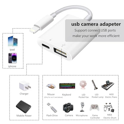 [Apple MFi Certified] Lightning to USB Camera Adapter with Charging Port for iPhone, USB 3.0 Female OTG Cable for iPad to Connect Card Reader USB Flash Drive U Disk Keyboard Mouse Hubs Midi - size: OTG + Charging Port to Lightning