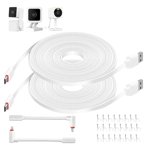 26 FT Camera Extension Cable for Wyze Cam v3/v4, Wyze Cam Pan v3, Wyze OG, Wyze Cam v3 Pro, Long Micro USB Cable (Not for Battery Cam) – Flat Wyze Camera Cord with L-Shaped Connector (2 Pack) - style: 26 FT White