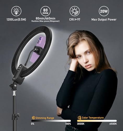 12 inch Ring Light with Stand 2800mAh Rechargeable, LED Circle Selfie Cordless Ringlight with 63" Tripod/Phone Holder/Remote for Makeup Live/Video Recording/Tiktok/YouTube/Podcasting/Vlogging