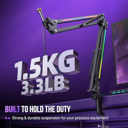 FIFINE Microphone Boom Arm, Metal Adjustable Mic Arm Stand with RGB Control, 3/8” to 5/8” Screw Adapter, Desk Mount Clamp, Suspension Scissor Mic Stand for Gaming Streaming Podcast-AmpliGame BM38 - color: Black