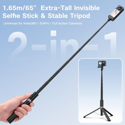 Invisible Selfie Stick Tripod 165cm, 2 in 1 Extension Monopod Pole for Insta360 X5 X4ONE X2,1/4" Action Camera Selfie Stick Handle Grip with Adapter for GoPro, DJI Osmo Action 5 Pro/4 - size: 165CM