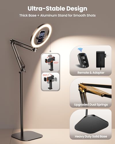 Ring Light with Stand Tripod for iPhone – Upgrade 1800 Lumens 10” Overhead Phone Tripod with Light, 2X Brighter Lighting for Video Recording, TikTok, YouTube, Streaming & Content Creator Essentials - size: 70.8" tall - Clip-On (High Brightness)