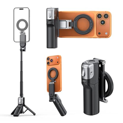 AMAZEAR Phone Camera Grip with Selfie Stick Tripod, Cellphone Accessories with Detachable Wireless Shutter Button for iPhone 16 17 Pro Max, Comfort Ergonomic Smartphone Handle Holder, Black - color: Black