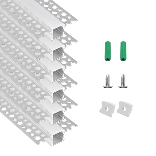 Drywall Led Channel, 6 Pack 3.3FT Plaster-in LED Aluminum Channel, 12mm Inner Width Trimless Recessed Led Strip Lights Diffuser with Milky Cover Seamless Lighting Profile, for Ceiling and Wall - color: Silver Aluminum + White Cover, size: 3.3FT/6P/#145