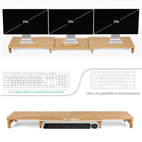 Nnewvante Monitor Stand Riser, 60 inch Large Bamboo Dual Monitor Stand for Desk, 3 Shelves Desktop Screen Riser with Adjustable Length Angle for Computer Laptop PC