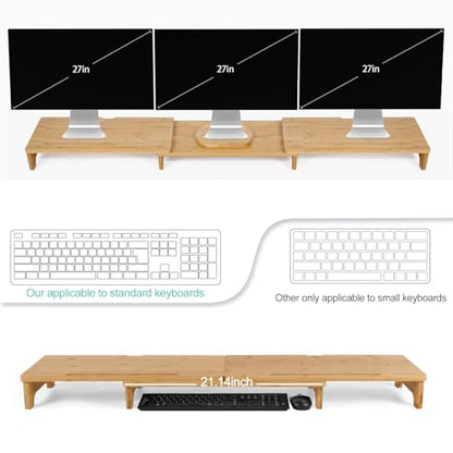 Nnewvante Monitor Stand Riser, 60 inch Large Bamboo Dual Monitor Stand for Desk, 3 Shelves Desktop Screen Riser with Adjustable Length Angle for Computer Laptop PC