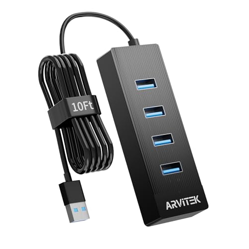 10Ft 4-Port USB 3.0 Hub Long Cable for PC, USB Extender Hub 5Gbps, USB Multiport Adapter, USB Splitter w/Long Cable for Desktop, Laptop, Flash Drive, Mobile HDD, USB Fan (10 Foot / 3m) - size: 10ft Cable