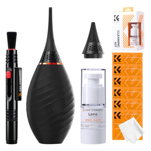 K&F CONCEPT 10-in-1 Camera Lens Cleaning Kit for DSLR Camera Lens Filter Cell Phones with Advanced Silicone Air Blower*1+Short Nozzle*1+Long Nozzle*1+Cleaning Cloth*6+Cleaning Pen*1+15ML Cleaner*1