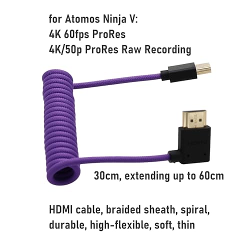 90-Degree HDMI 8K/60 4K/120p Cable for ATOMOS Ninja V Shinobi, Nikon Z6iii Z8 Z9, Fujifilm GFX100II X-H2S, Teradek Hollyland Mars 400, Home Theater, Purple Braided Coiled - color: Purple, size: Right Angle to Straight