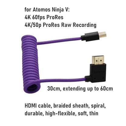 90-Degree HDMI 8K/60 4K/120p Cable for ATOMOS Ninja V Shinobi, Nikon Z6iii Z8 Z9, Fujifilm GFX100II X-H2S, Teradek Hollyland Mars 400, Home Theater, Purple Braided Coiled - color: Purple, size: Right Angle to Straight