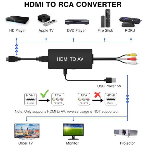 HDMI to RCA Converter, HDMI to AV 3RCA CVBs Composite Video Audio Converter Adapter for Old TV Compatible PAL/NTSC for Roku, Android TV Box, DVD ect - color: black