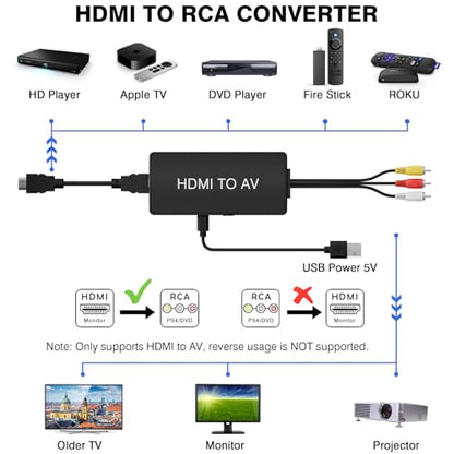 HDMI to RCA Converter, HDMI to AV 3RCA CVBs Composite Video Audio Converter Adapter for Old TV Compatible PAL/NTSC for Roku, Android TV Box, DVD ect - color: black