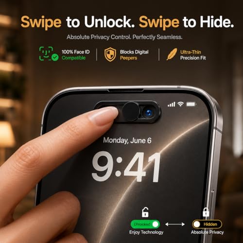 2 Pack Front Camera Privacy Cover Slider for iPhone 17/16/15/14 Pro Max/Pro, Face ID Compatible Webcam Blocker, Adhesive Anti-Spy Phone Lens Protector with Transparent Base, Black