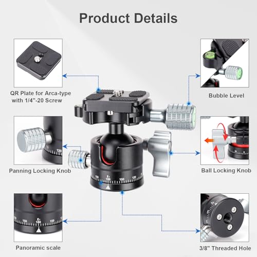 Koolehaoda Mini Ball Head with Arca Quick Release Plate, 360° Panoramic | Φ28mm Metal Ball Joint, 1/4" Screw, Max Load 22lbs/10kg, for DSLR Camera Tripod Monopod, Lightweight Aluminum - color: 28mm Ball Head