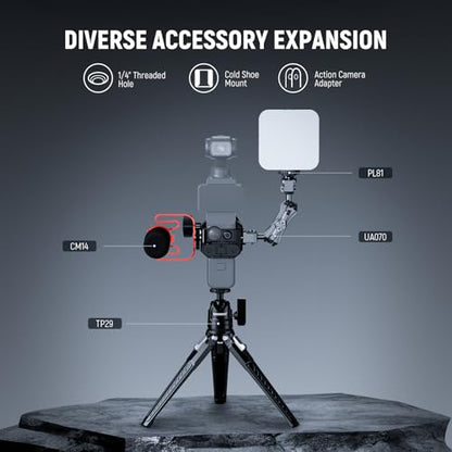 NEEWER Pocket 3 Cage, Aluminum Alloy Gimbal Video Recording Rig with Action Camera Extension Adapter 1/4" Threads Cold Shoe Compatible with DJI Osmo Pocket 3 Creator Combo, No Assembly Needed, AC009