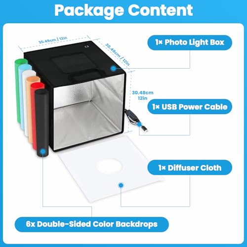 Light Box,Light Box Photography,12"x12"Photo Box,Photo Light Box,Product Photography Light Box with CRI >95,120 LEDs Lights,6 Photo Backdrops for Product Display - size: 12in X 12in