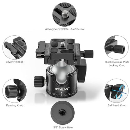 WEYLLAN EH36L Lever Ball Head with Stainless Steel Lock Pin, 36mm Low Profile Heavy Duty Tripod Ball Head Mount with Arca Swiss Quick Release Plate for Tripod Monopod DSLR Camera Camcorder Telescope - size: 36mm Ball
