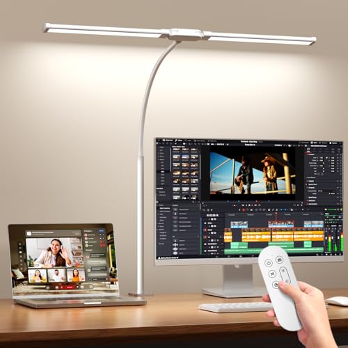 SKYLEO LED Desk Lamp with Clamp - Double Head Desk Light with Remote and Touch - Eye Protection - 12 W, 5 Color Modes, Timer and Memory Function, Flexible Gooseneck - for Office, Reading - White - color: White, size: 24" Lamp Length