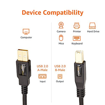 Amazon Basics USB-A to USB-B 2.0 Cable for Printer or External Hard Drive, Gold-Plated Connectors, Black, 10 Foot - size: 10 Feet