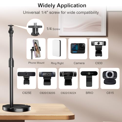 LenTok Telescopic Webcam Tripod Stand for Desk with Phone Holder, Desktop Webcam Mount Compatible with C922 C930e C920S C920 C615 C960 C920x Brio 4K, Table Phone Stand with 1/4'' Thread