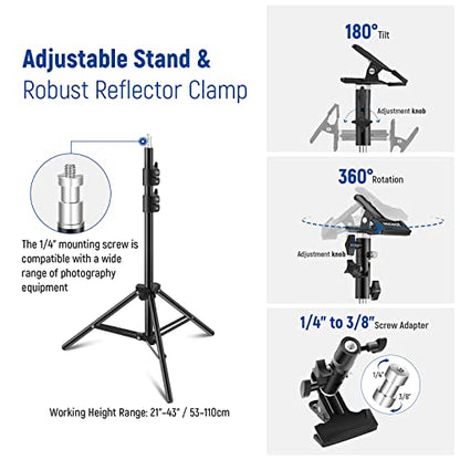 NEEWER 43"/110cm Light Reflector Kit, 5 in 1 Collapsible Round Reflector (Translucent/Silver/Gold/White/Black), Metal Clamp and 21"-43”/53-110cm Short Stand for Low Angle Studio Photography - style: 110cm w/Clamp&Stand