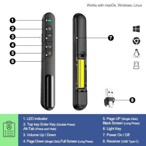 QUI Presentation Clicker with Volume Control, 2.4GHz USB Wireless Presenter Remote, PowerPoint Clicker Slide Advancer Compatible with Mac, Windows, Google Slides, Keynote - color: Black, size: L