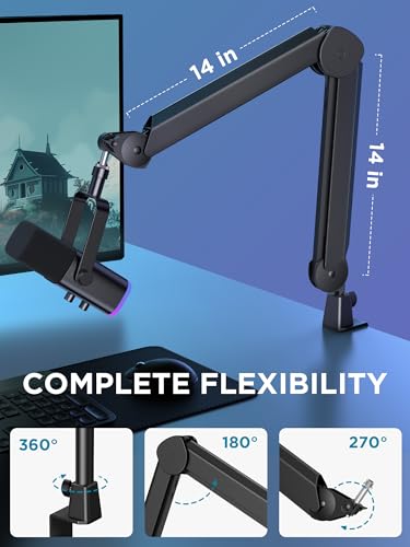 InnoGear Mic Boom Arm, Microphone Stand with Cable Management Channels Height Riser for Blue Yeti FIFINE AM8 K669B HyperX QuadCast S SoloCast AT2020 Shure SM7B MV7 and Other Mics - color: Black, style: Extended Clamp
