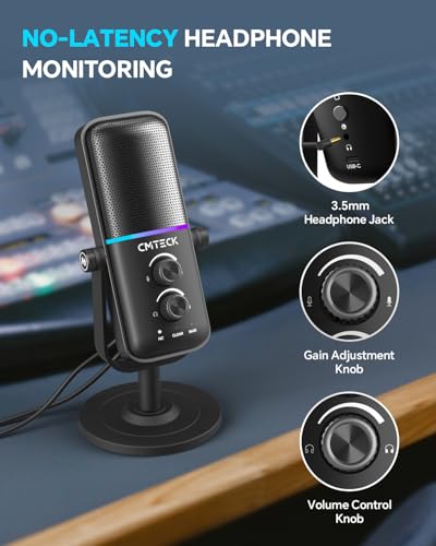 CMTECK USB Microphone for PC, PS4/PS5, Laptop – Computer Microphone with RGB Lighting, Mute Button, Mic Gain, Plug & Play, 3 Sound Modes for Streaming, Podcasting, Recording