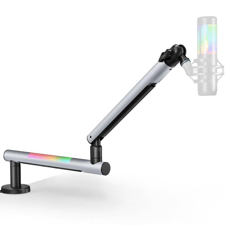 ARES WING Aluminum Low Profile Mic Arm with RGB Light, Adjustable Microphone Boom Arm with 4.4 lbs Load Capacity, 3/8” to 5/8” Screw Adapter, Desk Mount Mic Stand for Gaming Streaming Podcasting