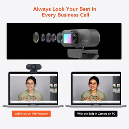 NUROUM V15AF 2K Webcam for PC, 1080P 60fps Autofocus HD Webcam with Dual Noise Cancelling Microphone, 75° FOV&Light Correction, USB Web Camera Plug&Play for Zoom/Teams,Grey - style: V15AF-Grey