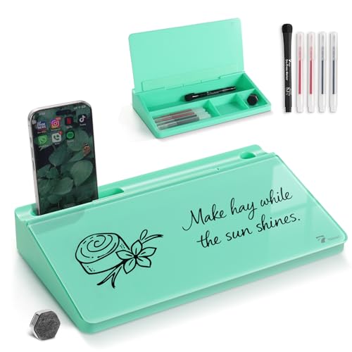 TOWON Small Compact Glass Desktop Whiteboard with Storage – 12 x 7 in Dry Erase Board for Desk, Home Office, School | Includes 5 Markers, Eraser & Holder | Space-Saving Organizer, Aesthetic Mint Green - color: Mint