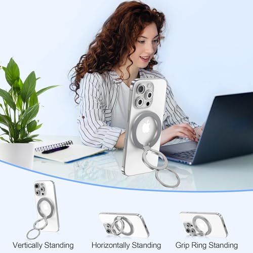 Magnetic Phone Grip Stand for iPhone 17 Pro Max/Air/16e/16/15 Pro Max, MagSafe Ring Holder Gym Finger Ring Grip Kickstand Two-Sided Magnetic Car Mount for Samsung Galaxy Z Flip7/Fold7/S26 Ultra/S25 FE - color: silver