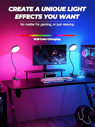 Clip on Light,10 RGB Colors+10 Brightness Clip on Desk Lamp with Clamp, 500 Lumen Bright 72 LED Desk Light, USB Adapter Reading Lights for Books in Bed/Headboard/Bedside Table/Bedroom/Dorm/Home Office - color: Black