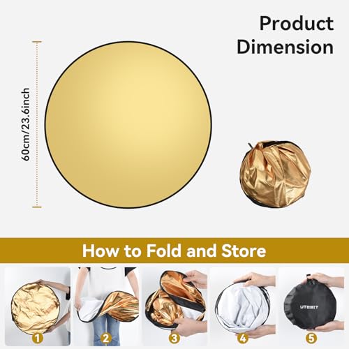 UTEBIT 24"/60cm Reflector Photography with Stand, Include Light Clamp & Bag | 5-in-1 Collapsible Photography Reflector Translucent/Silver/Gold/White/Black with 3/8" Thread for Studio Outdoor Lighting - size: 24 inch