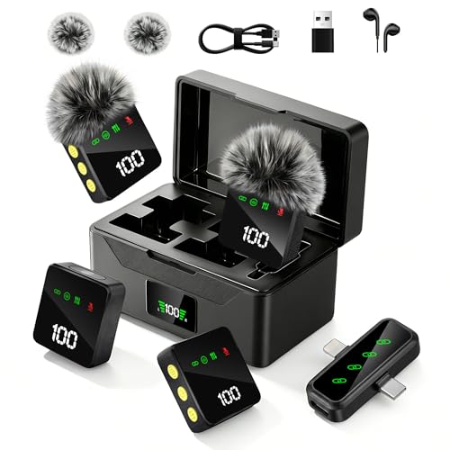 4 Pack Mini Lavalier Microphone for iPhone iPad Android, Wireless Microphone with AI Noise Reduction & LED, Mini Lapel Mic with 100H Charging Case for Video Recording Podcast YouTube Vlogging - color: Dark Black