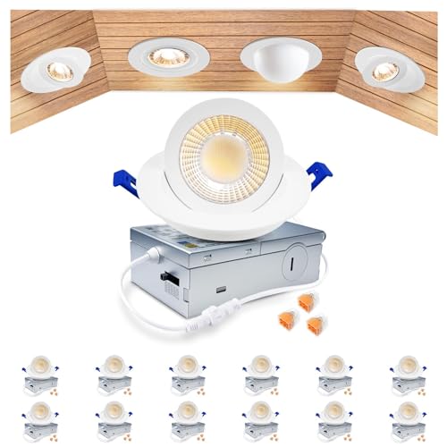 zouzai 3 Inch Gimbal LED Recessed Lights, White, 12 Pack, with Junction Box, 360°+ 90° Adjustable, 5CCT 2700K-5000K, Dimmable, Canless Eyeball Downlight, CRI90+, 800LM 7W 120V, ETL - color: White-3 inch, size: 12 Pack