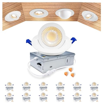 zouzai 3 Inch Gimbal LED Recessed Lights, White, 12 Pack, with Junction Box, 360°+ 90° Adjustable, 5CCT 2700K-5000K, Dimmable, Canless Eyeball Downlight, CRI90+, 800LM 7W 120V, ETL - color: White-3 inch, size: 12 Pack