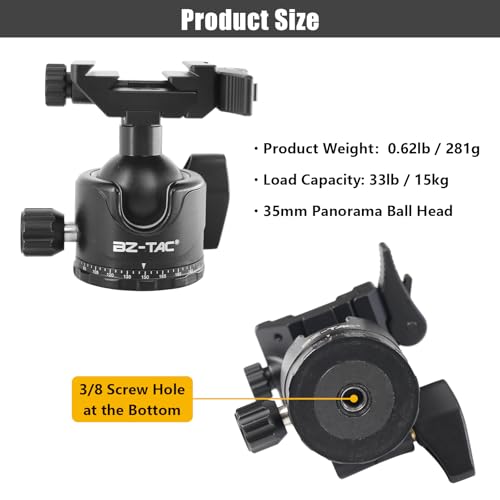 BZTAC Low Profile Shooting Camera Tripod 35mm Ball Head 2 in 1 Ball Head Compatible with Arca or Picatinny Quick Release Plate 3/8" Thread Mount 360 Panorama Rotation for Tripod Camera