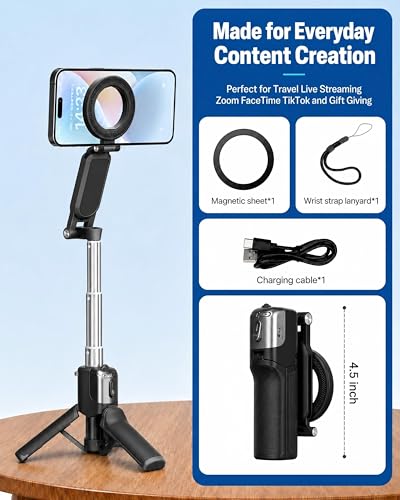 Magnetic Mini Selfie Stick Tripod for iPhone & Android, [MAX 19"] [Pocket 4.5"] 4-in-1 Phone Camera Grip with Rechargeable Shutter Remote for Creator Travel TikTok Vlogging (Up-Black) - color: New Black