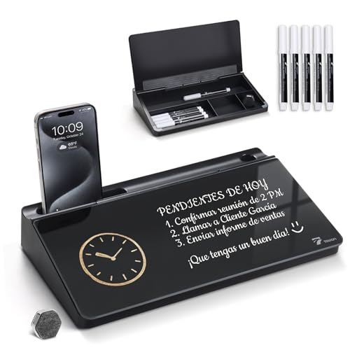 TOWON Small Compact Glass Desktop Whiteboard with Storage – 12 x 7 in Dry Erase Board for Desk, Home Office, School | Includes 5 Markers, Eraser & Holder | Space-Saving Organizer, Aesthetic Black - color: Black