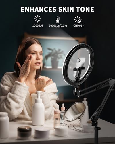 12" Overhead Phone Mount with Ring Light, 360° Circle Light - CRI >95 & Adjustable 72" Height, Phone Ring Light for Photography,Live Streaming, Cooking and Content Creation - size: 12 inches