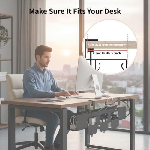 Under Desk Cable Management Tray, 36” Fabric No Drill Clamp Mount Cord Organizer for Desk, Heavy Duty Wire Management for Office Home, Black - size: 36 inch