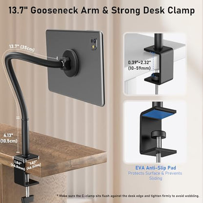 Magnetic Gooseneck Tablet Holder, iPad Desk Clamp Mount for Bed & Desk | 360 Degree Adjustable Arm, Compatible with MagSafe, Fits 4.7-13.5" Devices, Phone, iPad Pro/Air/Mini, Kindle Fire, Galaxy Tab
