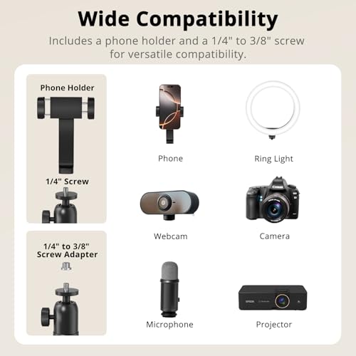 SupeDesk Overhead Camera Mount, Adjustable Desk Mount with Flexible Aluminum Spring Arm, 360° Ball Head, 1/4" 3/8" Screw & Phone Clamp for DSLR Cameras, Light, Heavy Microphones, and Smartphones
