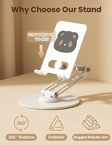 All-Metal Desk Phone Stand, 360° Rotating, 4-8" Phones & Tablets | Carbon steel base, dual-pole adjustment, panda face anti-slip pads, hex key, scratch-proof, heat-dissipating, case-friendly - color: white