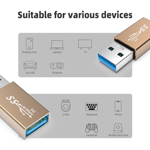3Pack USB Coupler Male to Female USB 3.0 Type A Adapter Superspeed 10Gbps USB Port Extension Connector Bridge Compatible with Laptop Computer Hard Drive Printer Camera, Gold - style: male to female usb