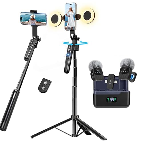 Professional Vlogging Kit for iPhone/Android, 70”Auto Face Tracking Tripod for iPhone with Light, 25H Battery Life Wireless Microphones,Content Creator Kit for TikTok/YouTube Starter - color: Black-tripod mic