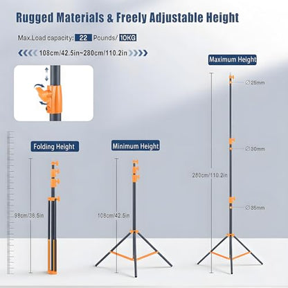 SH Light Stand Photography, 9.1ft/280cm Air Cushioned Studio Light Stand, Heavy Duty Metal Photo Video Tripod Stand with 1/4" to 3/8" Screw for Strobe, Camera, Ring Light, Softbox, Max Load 22lb/10kg - color: Orange