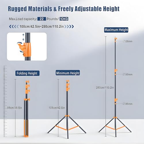 SH Light Stand Photography, 9.1ft/280cm Air Cushioned Studio Light Stand, Heavy Duty Metal Photo Video Tripod Stand with 1/4" to 3/8" Screw for Strobe, Camera, Ring Light, Softbox, Max Load 22lb/10kg - color: Orange